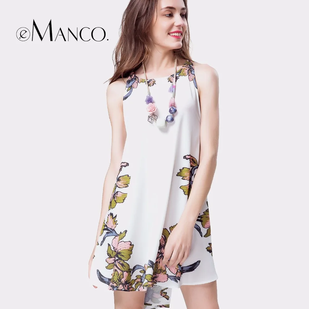 e-Manco Floral Beach Boho White Sexy dress Novelty Backless Strap hollow out Irregular Print Mini Dress women dress summer
