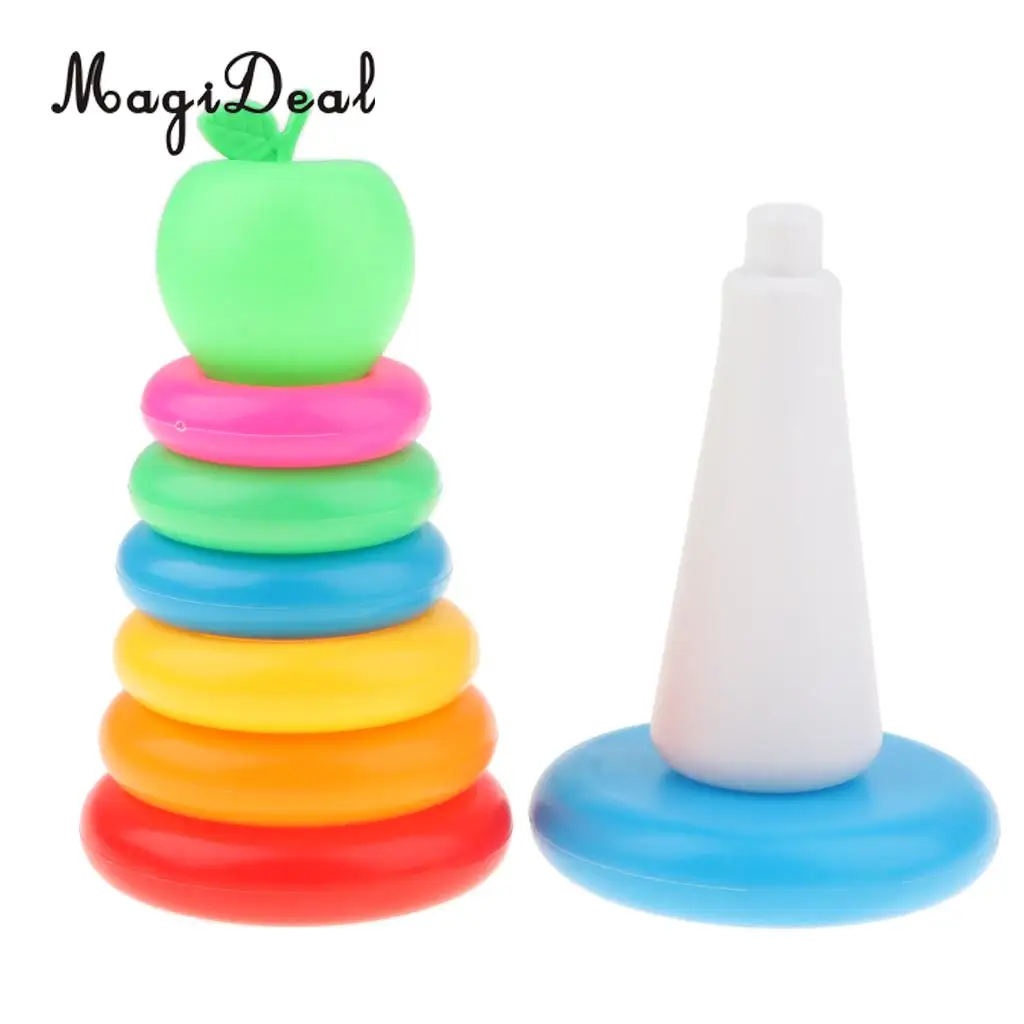 Kids Baby's Bath Tub Floating Toy Set - 7 Colorful Stacking & Nesting Rings with a Cute Green Apple, Birthday Gift