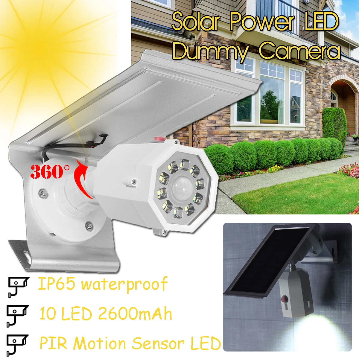 

Solar Powered Fake Dummy Camera Outdoor Indoor Waterproof Security CCTV Surveillance Camera Anti-theft LED Wall Light