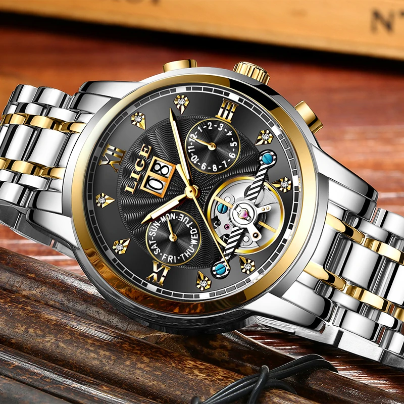 2019Business Clock Mens Watches Luxury Brand Top LIGE Tourbillon Sport Mechanical Watch Men Fashion Automatic Watch Reloj Hombre
