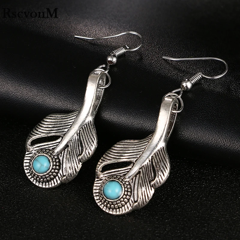 

RscvonM Feather Drop Earrings for Women silver color bohemian earrings new earrings drop shipping C303