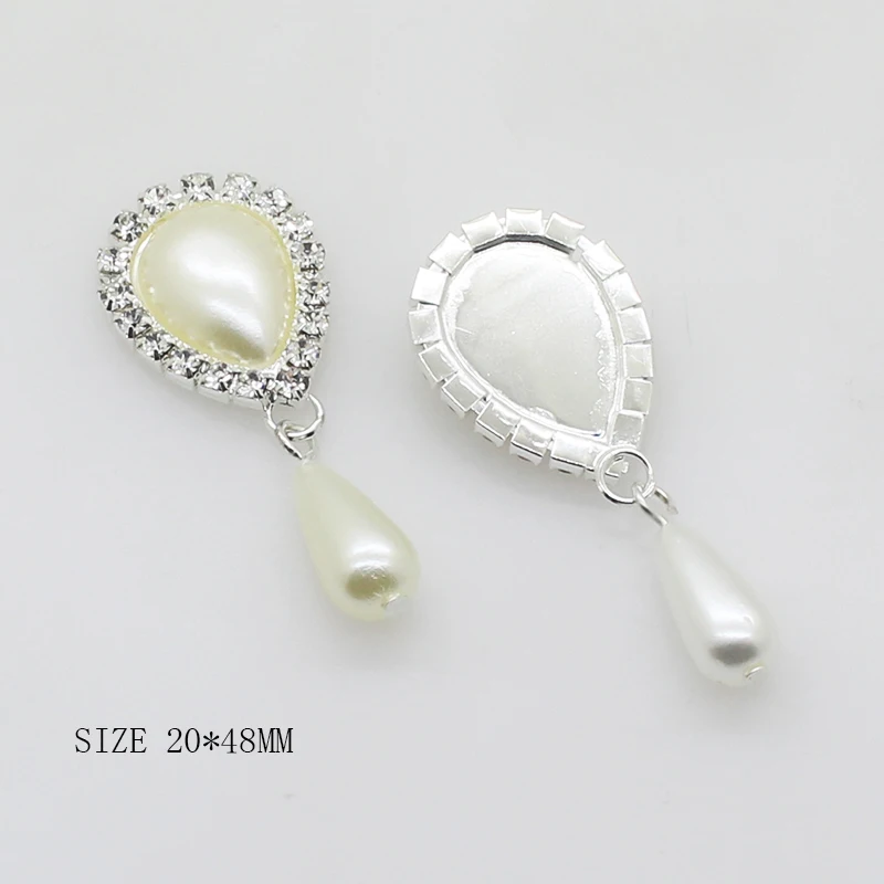 

ZMASEY Fashion New Pearl Buttons 20*48mm 10Pcs/Lot Metal Rhinestones Pendant Button Handwork Sewing Wedding Decoration