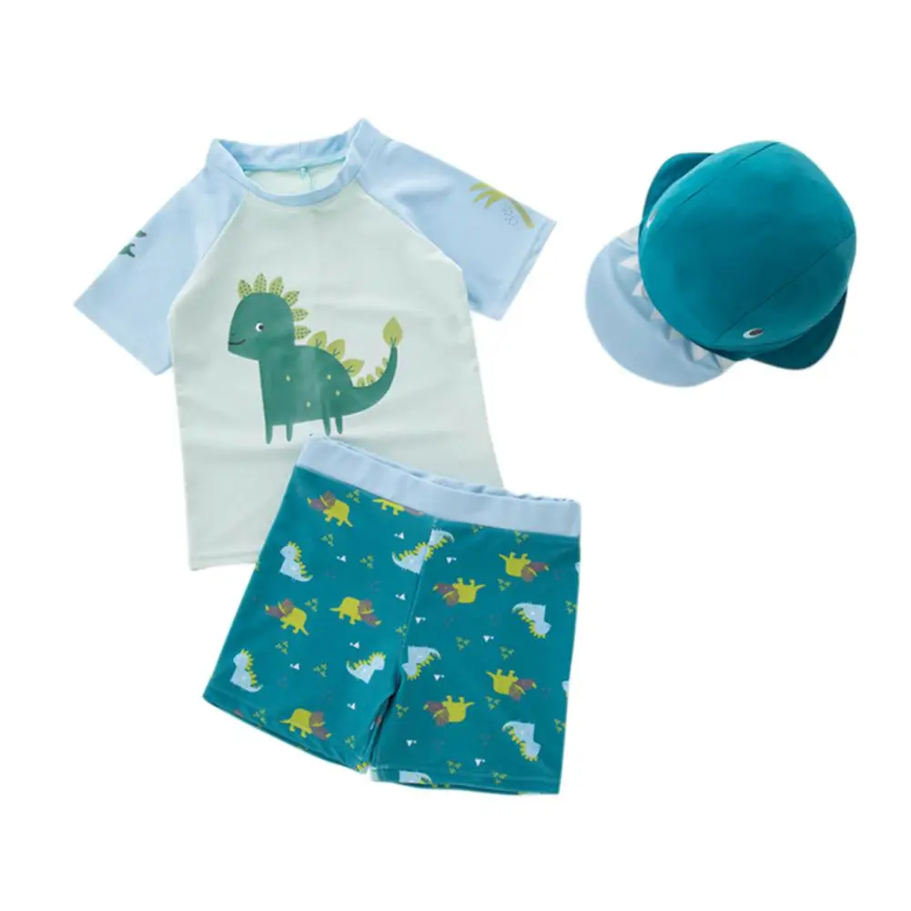 

3 Pcs/Set Children Boy Cute Cartoon Dinosaur Split Swimsuit Set Tops + Shorts + Hat for Swimming Hot Spring