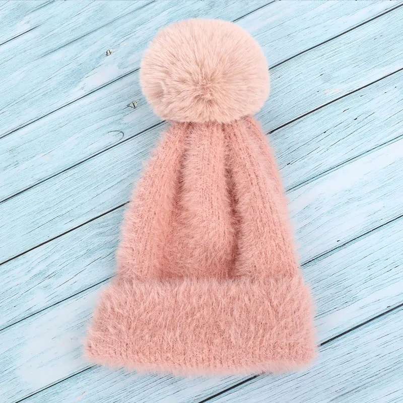 Новая мода Ангорская шерсть женские вязаные шапочки шапка Помпон зимняя женская шляпа высокого качества теплая мягкая шапка черепки девушка мохер кости - Цвет: Pink