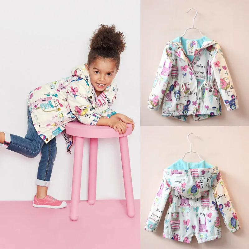 2016 New Spring Cute Baby Girl Coat Print Cartoon Graffiti Hooded