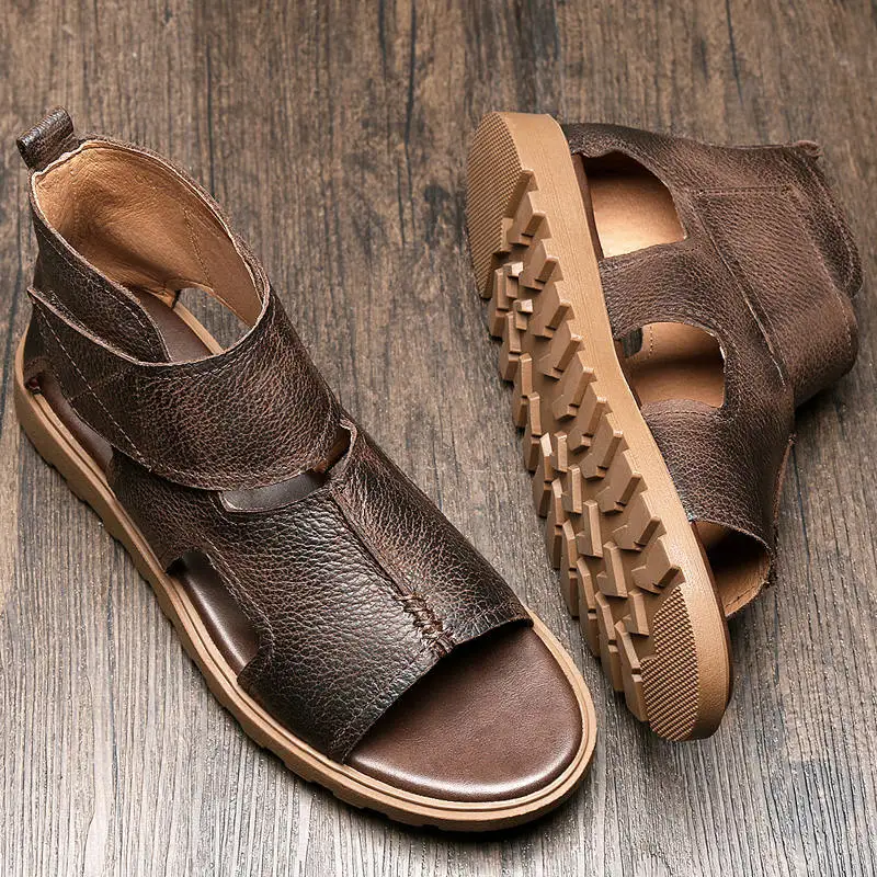 Hight cut Hook Loop Men Sandals Trendy Gladiator Leather Sandals Business Man Retro Summer Casual Shoes