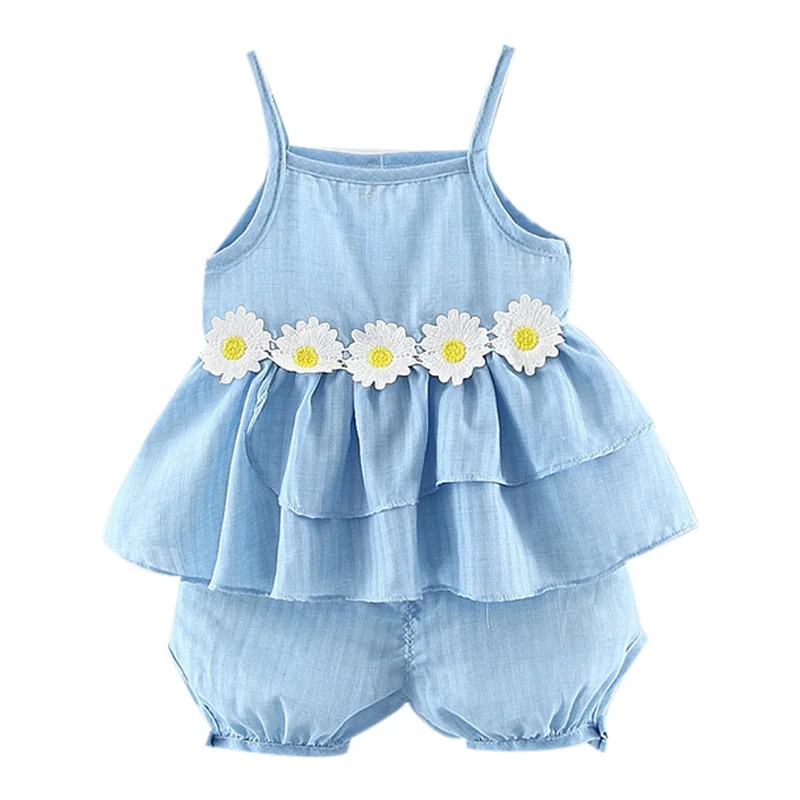 

Cotton Solid Color 1-3Y Childern Summer Fashion Concise Cute Sleeveless Camisole&shoer Pants Set Flower Decor Baby Girl Set