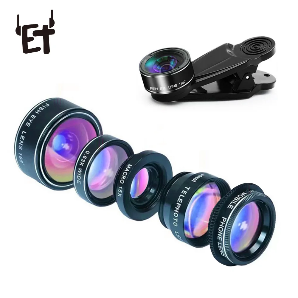 

ET 7 in 1 Fisheye Wide Angle Lens 15X Macro Phone Camera Lens Kit with Phone Clip for iPhone Samsung Smartphones Phone Lens