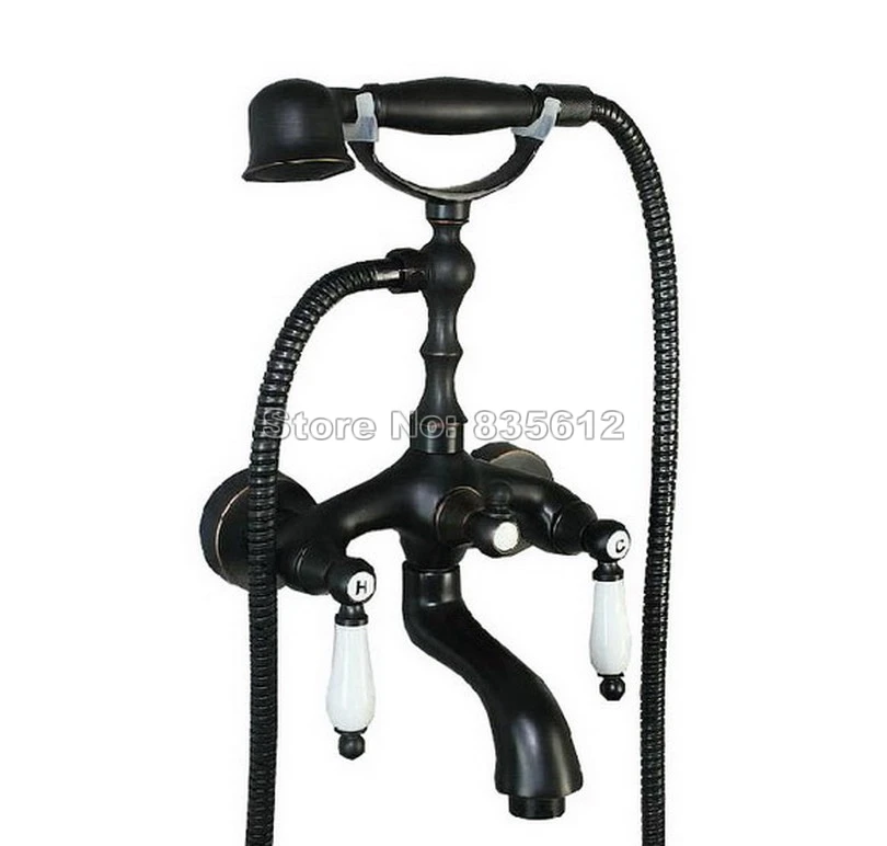 Black Oil Rubbed Bronze Bathtub Faucet with Handheld Shower Head Bathroom Wall Mounted Dual Ceramic Handles Mixer Tap Wtf017 modern wall mounted round 8 rain shower head valve mixer tap oil rubbed bronze