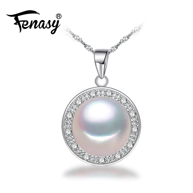 

FENASY Natural Freshwater Pearl Necklaces For Women 925 Sterling Silver Cubic Zirconia Classic Statement Round Pendant