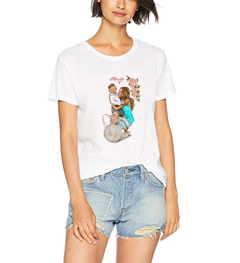 

Mother's Gift T Shirt Woman Mama Flower Cute White T-shirts Girl 100% Cotton Summer O-Neck Tops Base Shirt Fashion Tees