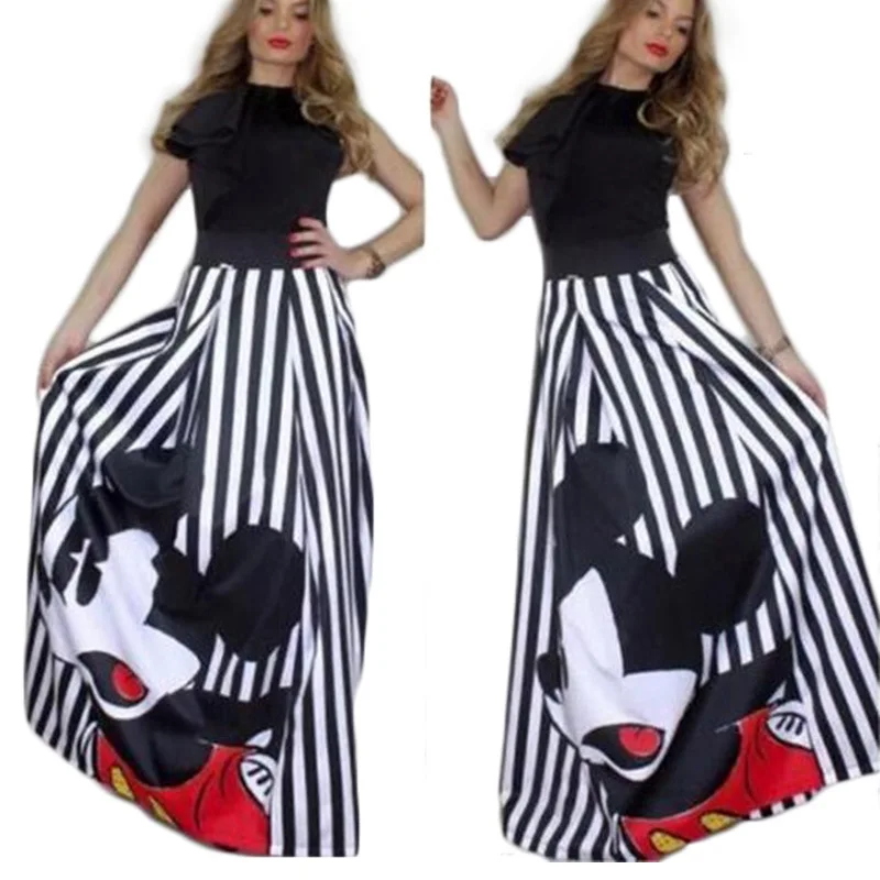 

Fashion Mickey Maxi Long Skirt Women 2019 Striped Long Elastic High Waist Kawaii Female Elegant Pleated Printed cartoon Skirts