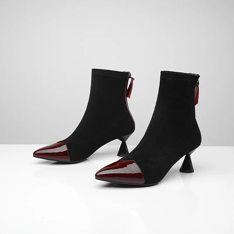 

New Designers Famous Brand Women Ankle Boots Pointed Toe Patchwork Patent Leather Stretch Fabric Sock Botas Ladies Shoes 6.5 CM
