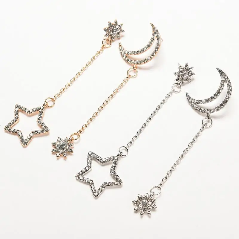 

1 Pair Small Rhinestone Star Moon Fresh Snowflake Tassel Long Section Earrings Eardrop Women Asymmetrical Stud Earrings Fashion