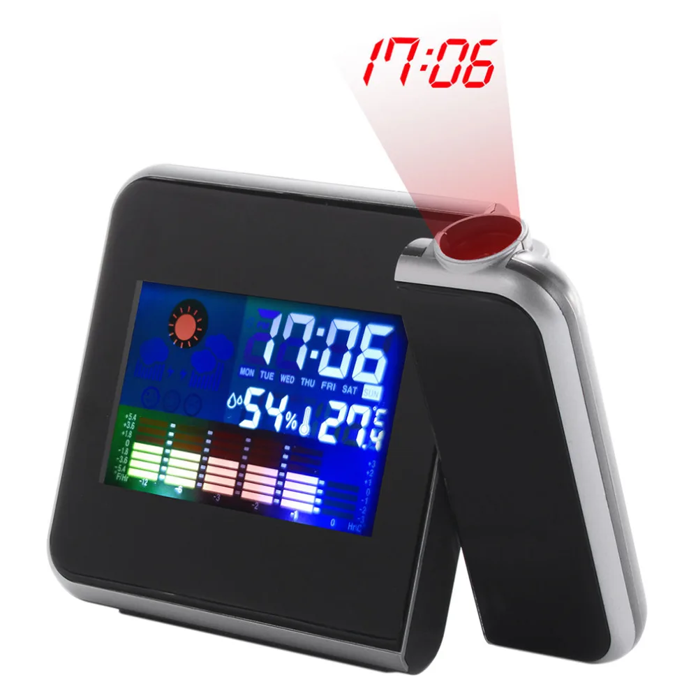 

Black Digital LCD Screen Weather Station Forecast Calendar Projector Snooze Alarm Clock 2 Modes Plastic Housing