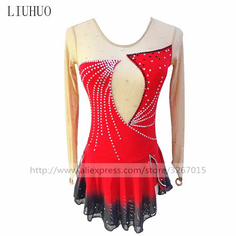 Figure Skating Dress Women's Girls' Ice Skating Dress  Competition clothing Red round neck long sleeve Red black gradient skirt 