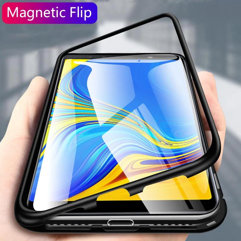 

Magnetic Adsorption Tempered Glass Case for Samsung Galaxy A7 2018 J4 J6 Plus J8 A9 A750 Cover Luxury Metal Bumper Back Shell