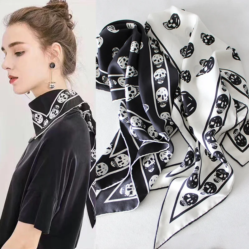 

Skull Prints Triangle 100% Silk Scarf Headband for Women Ladies Fashion Wraps High Quality Hand Rolled Edges