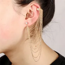 Long Tassel Earrings For Women punk Ear Cuff Jewelry Gold coated Crystal Inlaid Multilayer Chain Fringe Statement clip earrings