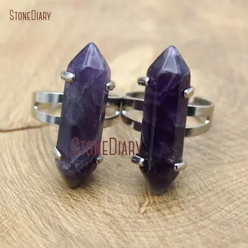 

10Pcs Dog Tooth Amethysts Ring Prong Setting Silver Electroplated Faceted Double Terminated Point Ring Adjustable RM11470