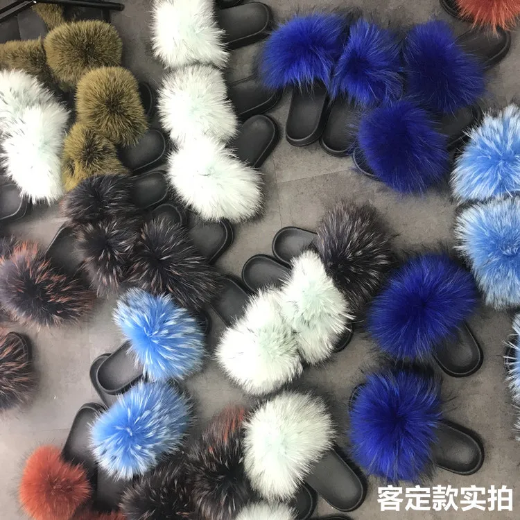 Real Raccoon Fur Slippers Women Sliders Casual Fox Hair Flat Fluffy Fashion Home Summer Big Size 45 Furry Flip Flops Shoes