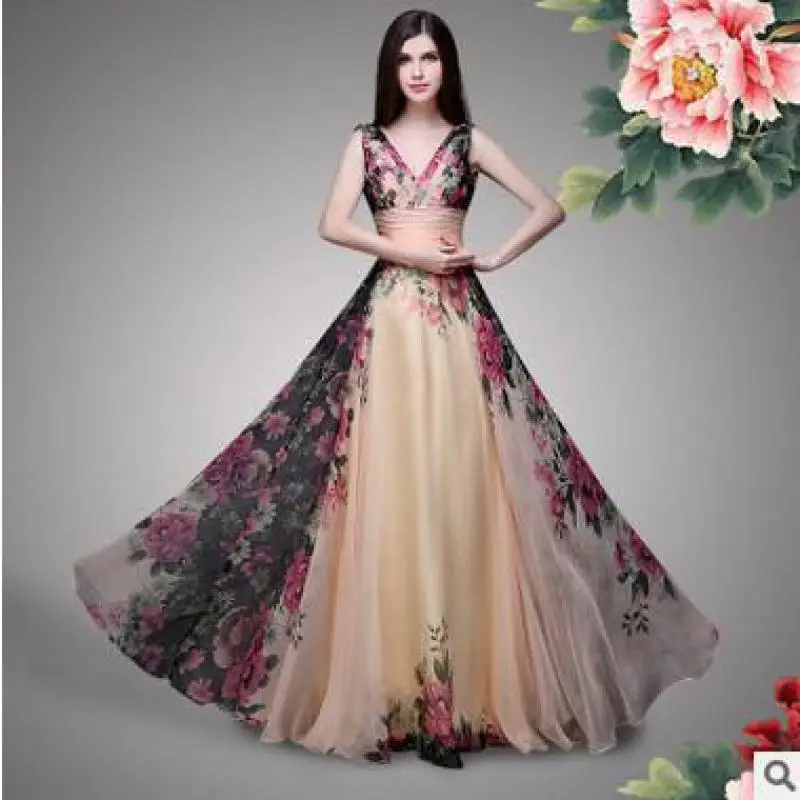 Beste 2020 Zomer Top Selling Floor length Elegante Temperament Bloemen Vintage Mouwloze Maxi Jurk V Hals Jurk Chiffon Gratis Verzending