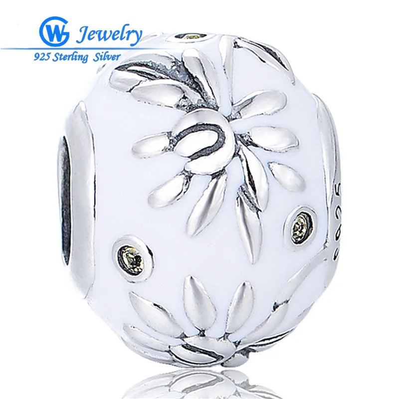 

Charms Origina Bracelet White Enamel Pure 925 Sterling Silver Flower Ball Chinese Style Clear CZ DIY Jewelry berloque D193H20