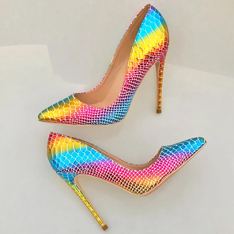 

Europe and the United States new snake pattern pointed high heels colorful 12 cm sexy fine with shallow mouth nightclub shoes