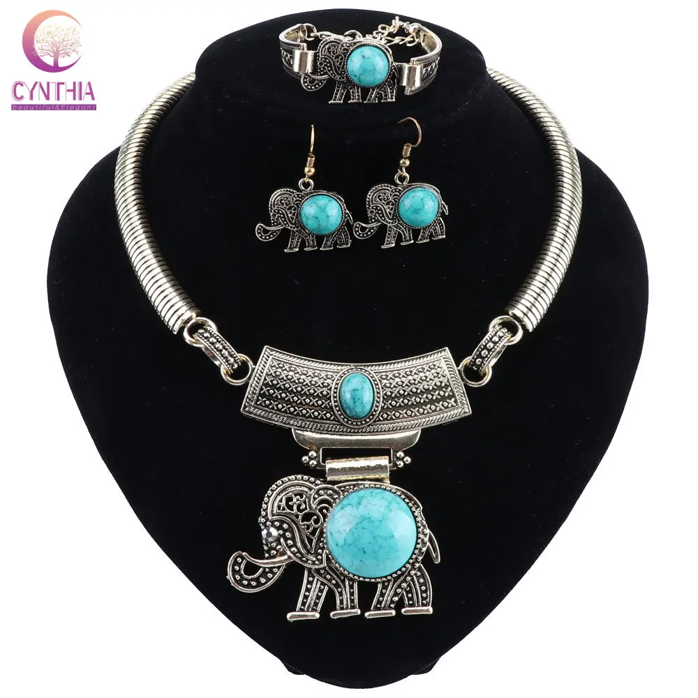 

Elephant Pendant Green Stone Jewelry Sets Vintage Necklace Earrings Bracelet For Women Fashion Party Fashion Jewelry