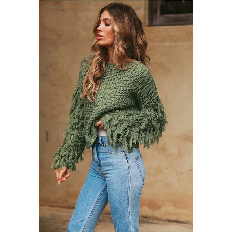 

Autumn Winter Women Casual Tassel Knitted Sweater Pullover Loose Army Green Sweater Female O-neck Jumper Pull Femme