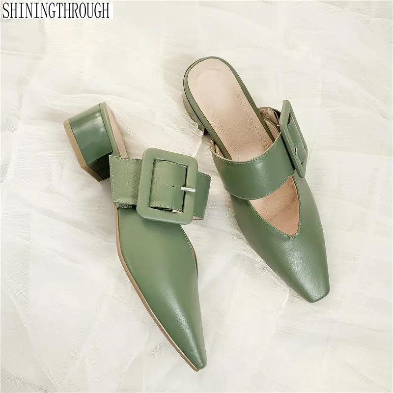 

2019 Office Lady Summer Women Slides Genuine Leather White Sandals poined Toe Chunky med Heels Slippers
