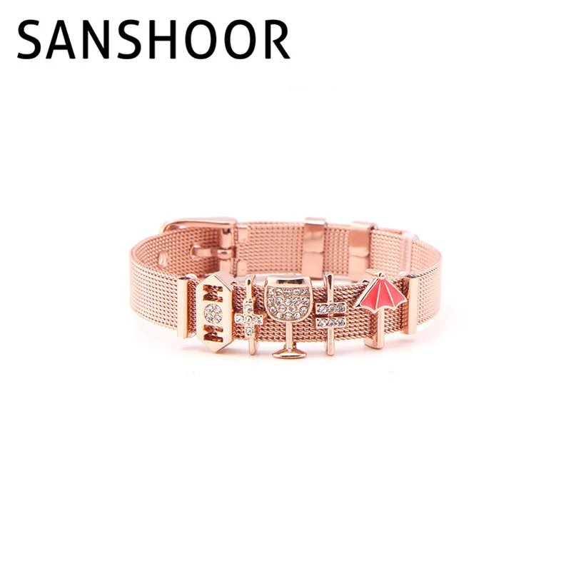 

SANSHOOR For Mother's Day Wrap Bracelet Set with 5pcs Mixed Slide Charms+ 2pcs preventer+Mesh Bracelets umbrella DIY Gift