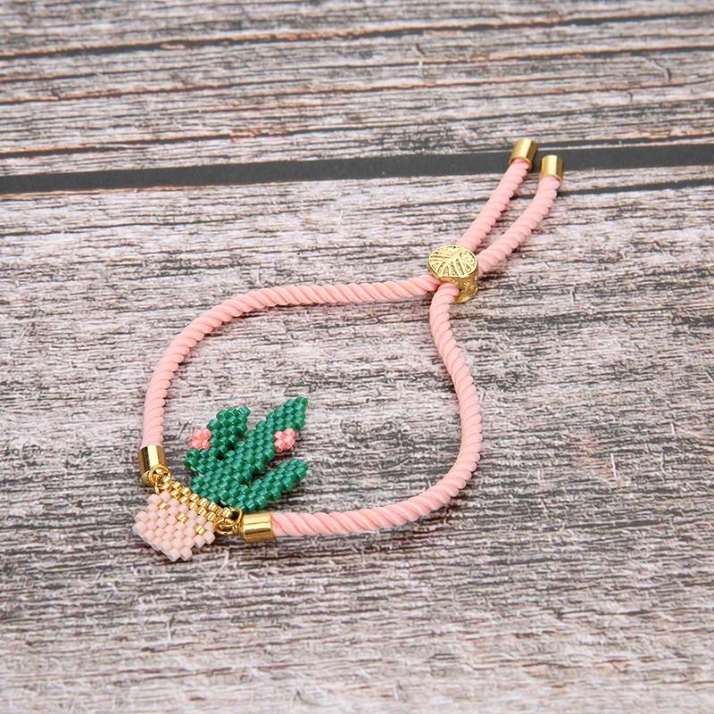 

SHINUSBOHO Green Cactus Pendant Miyuki Bracelets for Women CZ Beads Pink Thick Rope Men Bracelet Hand-woven Christmas Present