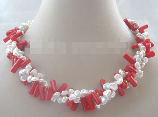 

huij 004166 3row white keshi reborn freshwater pearl & red coral necklace