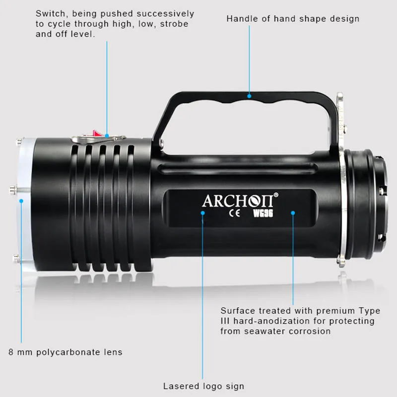 Портативный фонари карманный фонарик для дайвинга ARCHON DG90 WG96 SST-90 светодиодный подводного погружения поиск светильник 2200LM Водонепроницаемый фонарь