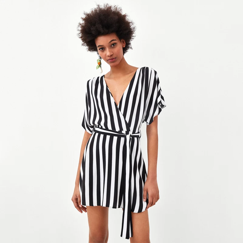

Ruique 2018 Women Summer Fashion Sexy V-neck Jumpsuits Girls Striped Print Elegant Casual Belt Rompers Playsuits Beach Jumpsuit