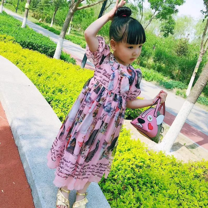 Новое летнее платье из шифона, с объемным рукавом платье для маленьких девочек; зимнее Костюмы розовое платье принцессы с рисунком кота вечерние платья Одежда для девочек