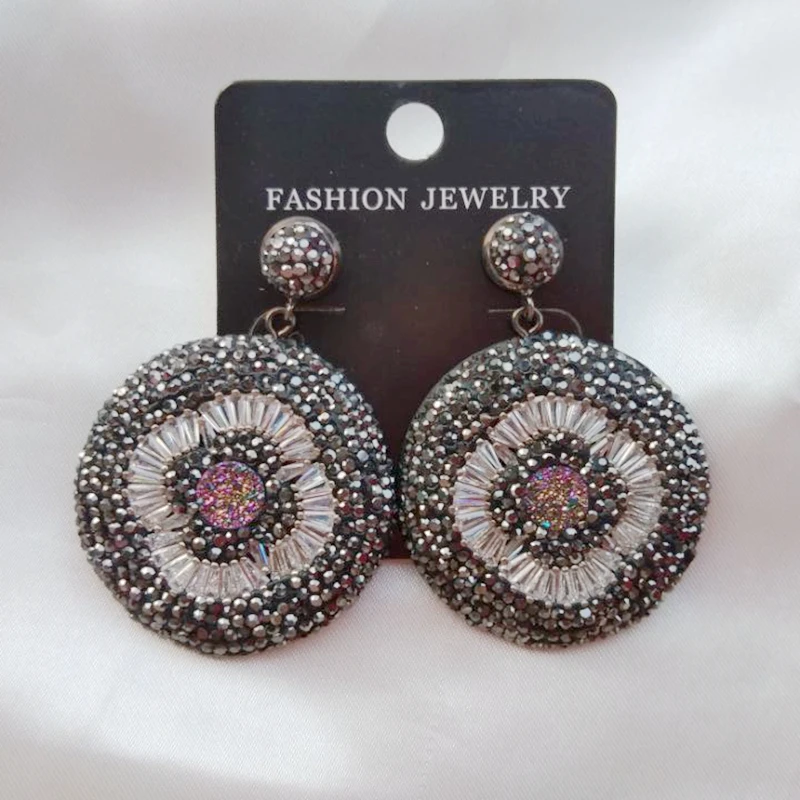 

Black Rhinestone Big Round Earrings Handmade Luxury Designer Jewelry for Women Druzy Stone Earring Ethnic African Drop Earrings