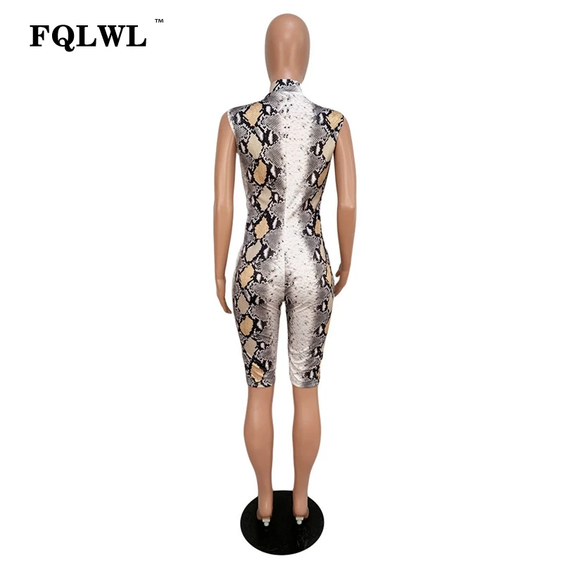 FQLWL уличная одежда со змеиным принтом облегающий сексуальный комбинезон для женщин игровая одежда на молнии без рукавов с v-образным вырезом летние комбинезоны для женщин s комбинезон короткий