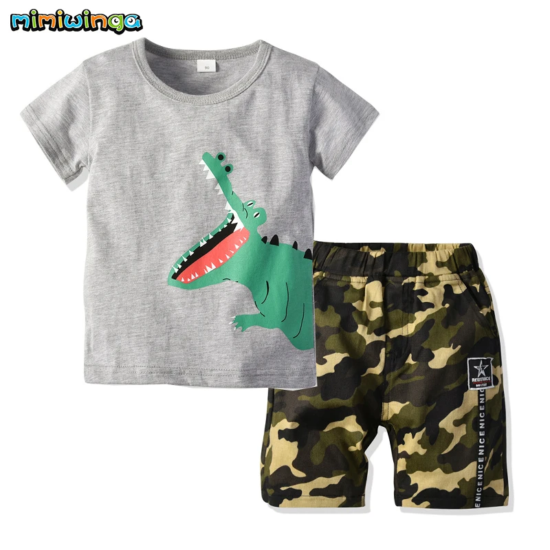 Mimiwinga 2019 Toddler Boys Clothes Set Gray Short Sleeve Dinosaur Cartoon Print T Shirt + Camo Shorts Baby Summer New |