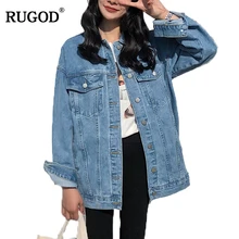 RUGOD Твердый отложной воротник Jean Jacket для женщин Свободные повседневные синие модные женские пальто Женские пиджаки Джинсовые женские
