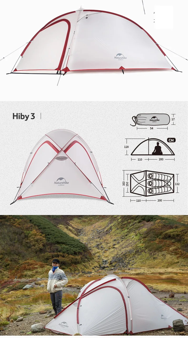 NatureHike Hiby 3 Человек Палатка Открытый 2 комнаты 3 человека 20D нейлон силиконовый Сверхлегкий Семейный Кемпинг палатка красный/серый