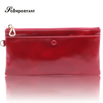 

Genuine Oil Wax Leather Women's Slim Wallets Female Long Clutch Coin Purse Walet Lady Money Bag Portomonee Phone Packet Handy