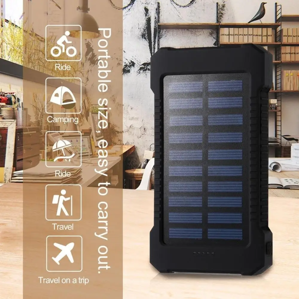 Солнечное зарядное устройство, 20000 мА/ч, зарядное устройство, водонепроницаемый повербанк, портативное зарядное устройство для телефона, внешний аккумулятор, светильник для Xiaomi, huawei, iPhone