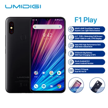 Перейти на Алиэкспресс и купить UMIDIGI F1 Play смартфон на Android 9,0, 48 Мп + 8 Мп + 16 МП, камера 5150 мАч, 6 ГБ ОЗУ 64 Гб ПЗУ, 6,3 дюйма, FHD + Helio P60, глобальная версия, Dual 4G