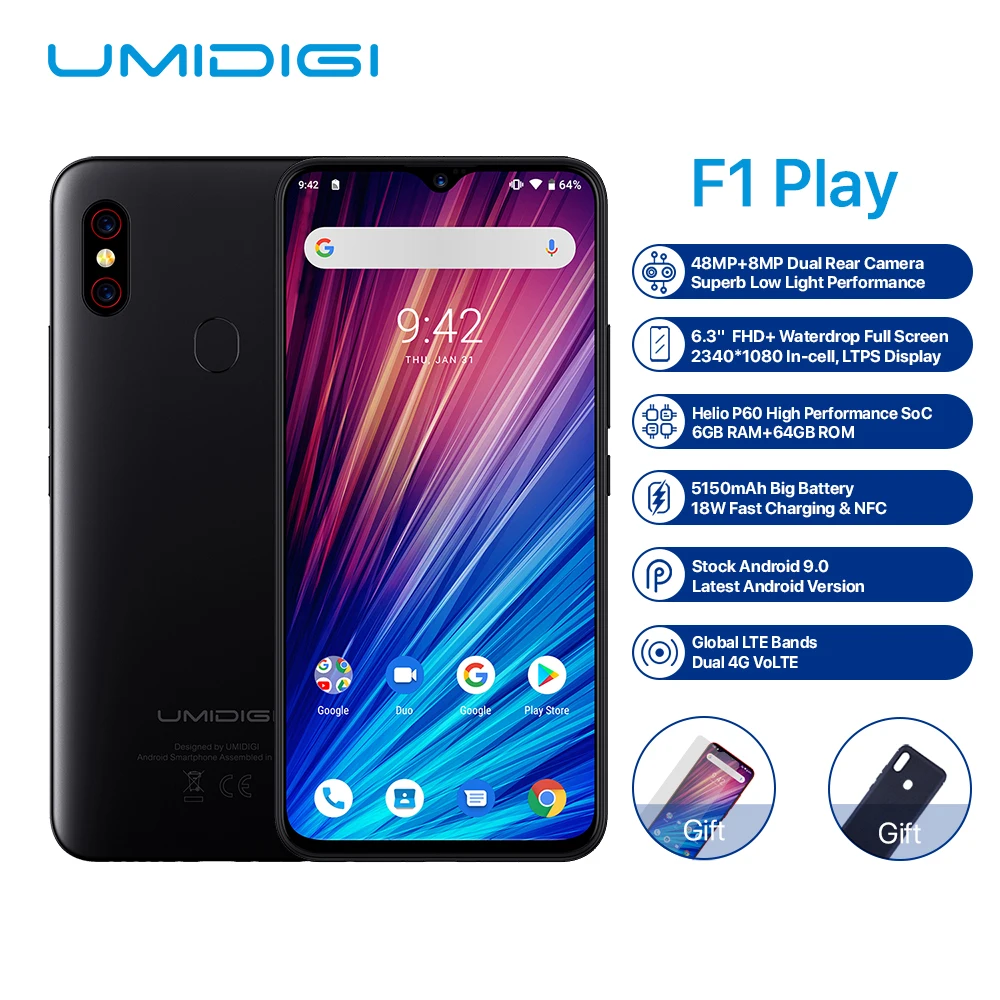 Смартфон UMIDIGI F1 Play Android 9 0 камеры 48 Мп + 8 16 МП 5150 мАч 6 ГБ ОЗУ 64 Гб ПЗУ 3 дюйма FHD Helio P60