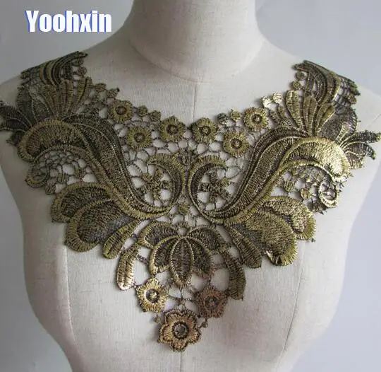 

Modern 3D gold cotton embroidery DIY flower lace collar Fabric Sewing Applique ribbon trim neckline guipure cloth wedding decor