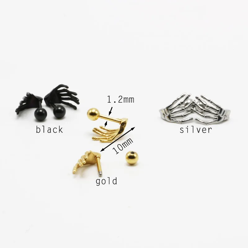 2pcs cartilage stud earrings tragus ear plugs stainless steel skull hand silver gold black anti-allergic body piercing jewelry2