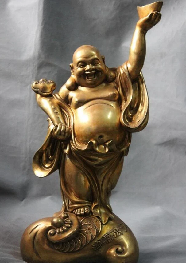 

S1061 Chinese Bronze Gild Wealth YuanBao Coin Monk Buddha Statue D0318