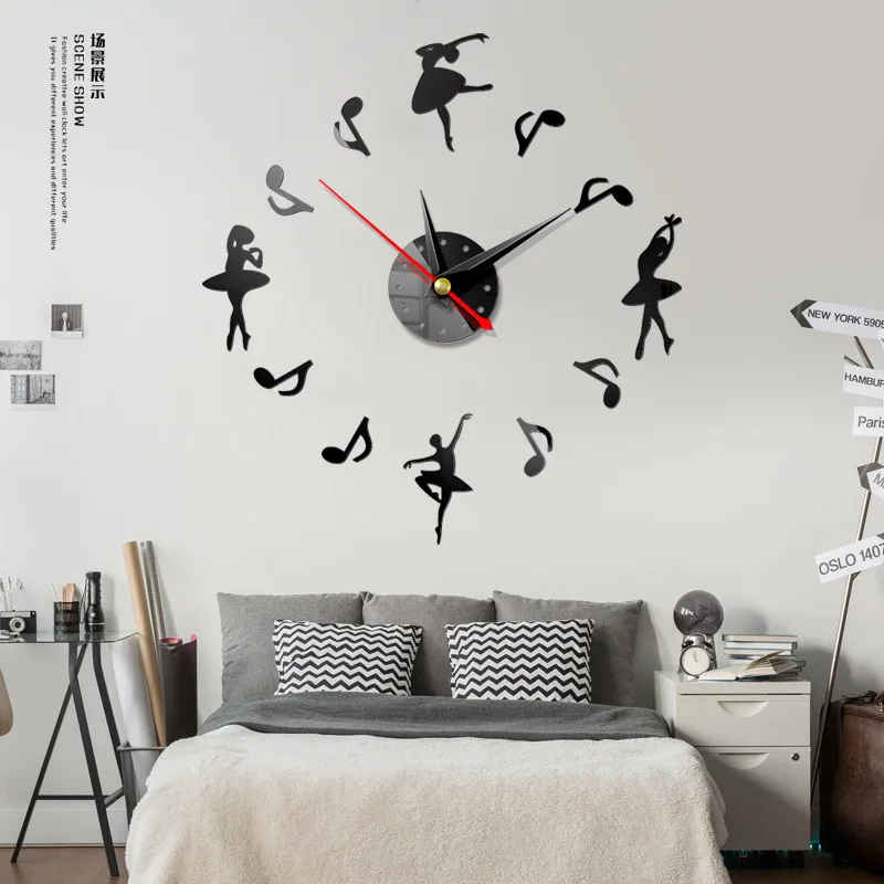 Балетные настенные часы танцевальное украшение для классной комнаты Настенные часы акриловые цифровые настенные часы с зеркальной поверхностью настенные стикеры duvar saati reloj de pare - Цвет: black